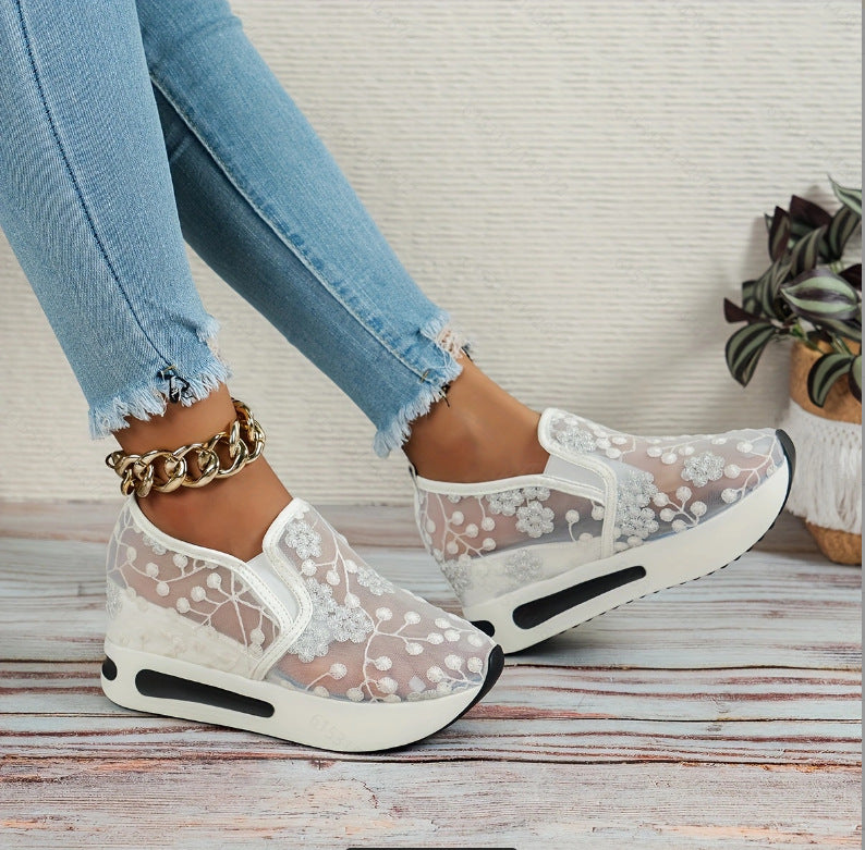 Women's Fashion Lace Mesh Casual High Heel Sneakers