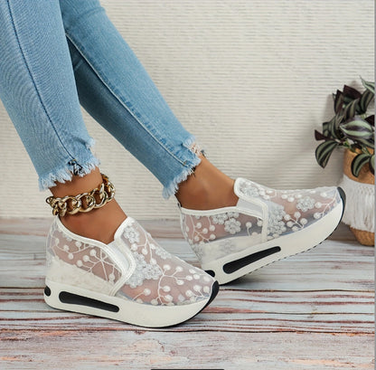 Women's Fashion Lace Mesh Casual High Heel Sneakers